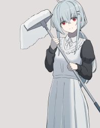 Rule 34 | 1girl, ahoge, commentary request, grey background, grey hair, hair ornament, hairclip, highres, holding, holding mop, juliet sleeves, kawara pigeon, long hair, long sleeves, looking at viewer, low ponytail, maid, mop, original, puffy sleeves, red eyes, simple background, smile, x hair ornament