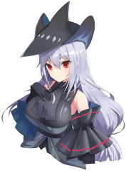 Rule 34 | 1girl, absurdres, arknights, ascot, bare shoulders, black ascot, black gloves, black headwear, blush, breasts, closed mouth, cropped torso, detached sleeves, gloves, goldbaka, hand on own chest, highres, large breasts, long hair, looking at viewer, low ponytail, red eyes, silver hair, simple background, skadi (arknights), skadi (elite ii) (arknights), smile, solo, underbust, very long hair, white background