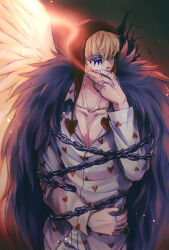 Rule 34 | 1boy, angel wings, blonde hair, chain, cheese neko3, cigarette, donquixote rocinante, feather coat, hat, heart, heart print, highres, looking at viewer, makeup, male focus, muscular, muscular male, one piece, pants, red lips, shirt, short hair, smoke, smoking, solo, white wings, wings