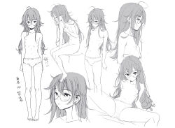Rule 34 | 1girl, ahoge, blush, bow, bow panties, breasts, character sheet, check translation, close-up, collarbone, full body, glasses, highres, long hair, looking ahead, looking at viewer, messy hair, monochrome, moonsorrow, multiple views, nipples, nude, original, panties, ribs, sidelocks, simple background, sitting, sketch, small breasts, spread legs, standing, topless, translation request, underwear, white background