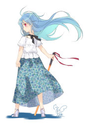 Rule 34 | 1girl, alternate costume, black ribbon, blue hair, blue skirt, blush, bra strap, casual, commentary request, contemporary, floating hair, floral print, frilled sleeves, frills, from behind, full body, high heels, highres, hinanawi tenshi, holding, holding sword, holding weapon, leaf print, long hair, long skirt, looking at viewer, looking back, no headwear, no headwear, profile, red eyes, ribbon, shadow, shirt, short sleeves, signature, simple background, skirt, solo, standing, sword, sword of hisou, touhou, toutenkou, weapon, white background, white footwear, white shirt