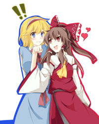 Rule 34 | !, !!, 2girls, alice margatroid, arms behind back, blonde hair, blue eyes, blush, brown hair, clenched hand, faech, female focus, flirting, hakurei reimu, heart, highres, long hair, md5 mismatch, multiple girls, outline, red eyes, resolution mismatch, short hair, simple background, source larger, touhou, yuri
