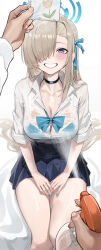 Rule 34 | 1boy, 1girl, absurdres, asuna (blue archive), blue archive, blue bra, blush, bow, bowtie, bra, bra visible through clothes, fingernails, grey hair, hair over one eye, halo, highres, long hair, looking at viewer, loose bowtie, nail polish, one eye covered, own hands together, pleated skirt, school uniform, sensei (blue archive), shirt, sitting, skirt, smile, so shio, underwear, very long hair, watering can, wet, wet clothes, wet hair, wet shirt