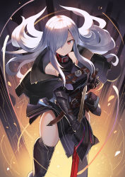 Rule 34 | 1girl, arm guards, armor, bare shoulders, belt, belt collar, black capelet, black theme, black thighhighs, breasts, bright pupils, capelet, closed mouth, collar, falken (yutozin), feet out of frame, frown, hair over one eye, highres, large breasts, long hair, original, over-kneehighs, red eyes, red neckwear, shin guards, sidelocks, skindentation, sleeveless, solo, swept bangs, sword, thighhighs, thighs, weapon, white hair, white pupils