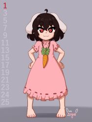 Rule 34 | 1girl, blush, carrot necklace, closed mouth, dress, grey background, hands on own hips, highres, inaba tewi, jewelry, looking at viewer, necklace, rabbit ears, rabbit girl, red eyes, riiya (riiya932), simple background, smile, solo, touhou