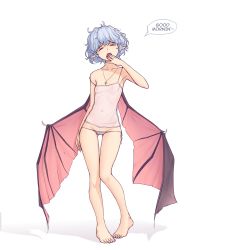 Rule 34 | 1girl, armpits, bare legs, bare shoulders, barefoot, bat wings, blue hair, breasts, cameltoe, camisole, collarbone, covered navel, cross, cross necklace, english text, covered erect nipples, closed eyes, fangs, feet, full body, gluteal fold, groin, hand to own mouth, hater (hatater), highres, jewelry, lingerie, lowleg, lowleg panties, messy hair, navel, necklace, nipples, open mouth, panties, petite, pigeon-toed, pointy ears, remilia scarlet, see-through, shadow, short hair, side-tie panties, simple background, sleepy, small breasts, solo, spaghetti strap, standing, strap slip, teeth, thigh gap, toes, touhou, underwear, underwear only, white background, white panties, wings, yawning