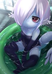 Rule 34 | 1girl, blue skin, colored skin, female focus, flat chest, hair over one eye, highres, monster girl, one-piece swimsuit, original, partially submerged, pink hair, red eyes, ruu bot, solo, swimsuit, tail, wading pool, water, wet