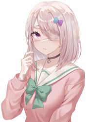 Rule 34 | 1girl, amagai kosame, bow, choker, closed mouth, commentary, doyo c3, eyepatch, green ribbon, hair bow, hand up, heart, heart choker, highres, long sleeves, mahou shoujo site, medical eyepatch, medium hair, multicolored bow, neck ribbon, pink sweater, purple eyes, ribbon, sailor collar, school uniform, simple background, solo, sweat, sweater, upper body, white background, white hair, white sailor collar
