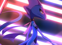 Rule 34 | arm belt, artist name, choker, closed mouth, commentary, creatures (company), english commentary, from side, furry, game freak, gen 8 pokemon, highres, inteleon, looking at viewer, neon lights, nintendo, pokemon, pokemon (creature), solo, spikemuth, watermark, yellow eyes, zymonasyh