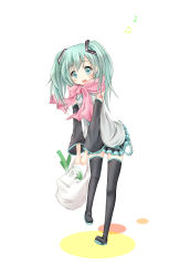 Rule 34 | 1girl, absurdres, aqua eyes, aqua hair, bad id, bad pixiv id, bag, blush, detached sleeves, earrings, hatsune miku, highres, jewelry, necktie, open mouth, pink scarf, plastic bag, scarf, simple background, skirt, solo, spring onion, thighhighs, twintails, uzuchii, vocaloid