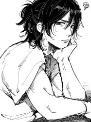 Rule 34 | 1boy, closed mouth, commentary, frown, greyscale, hair behind ear, hair between eyes, hand on own chin, hatta ayuko, hibiya takeru, highres, long bangs, looking at viewer, looking to the side, male focus, medium hair, monochrome, muscular, muscular male, nose, ookami shoujo to kuro ouji, pants, shirt, short sleeves, sideways glance, simple background, sitting, solo, squiggle, upper body, white shirt