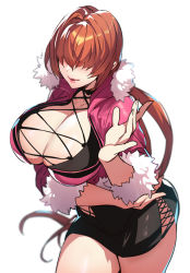Rule 34 | 1girl, black dress, breasts, brown hair, cleavage, collarbone, commentary request, detached sleeves, dress, fingernails, fur trim, hair between eyes, highres, jacket, large breasts, lips, long hair, long sleeves, makeup, parted lips, pink jacket, pink lips, senri gan, shermie (kof), shiny skin, short dress, simple background, solo, the king of fighters, the king of fighters xv, thighs, white background