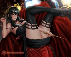 Rule 34 | 1girl, bare shoulders, black dress, black hair, black thighhighs, blush, boots, breasts, cape, chair, cleft of venus, collar, dagger, dress, earrings, flower, gold earrings, gold hairband, hair ornament, hairband, highres, holding, holding dagger, holding knife, holding weapon, indoors, jewelry, knife, large breasts, looking at viewer, lying, nail polish, nocturnosarts, on back, on chair, parted lips, patreon logo, patreon username, pussy, red eyes, red nails, short hair with long locks, sidelocks, signature, sleeveless, sleeveless dress, spy x family, stiletto (weapon), thigh boots, thighhighs, thighs, two-sided cape, two-sided fabric, uncensored, weapon, yor briar