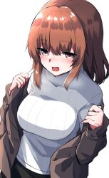 Rule 34 | 1girl, blush, breasts, breath, brown coat, brown eyes, brown hair, coat, highres, kurousagi tetora, large breasts, long hair, long sleeves, looking at viewer, off shoulder, open clothes, open coat, open mouth, original, ribbed sweater, simple background, solo, sweatdrop, sweater, turtleneck, turtleneck sweater, upper body, white background, white sweater