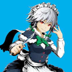 Rule 34 | 1girl, apron, blue background, blue capelet, blue dress, bow, bowtie, braid, capelet, coba (bushclover), dress, eyeliner, green bow, green bowtie, grey hair, hair bow, highres, izayoi sakuya, knife, looking at viewer, maid apron, maid headdress, nail polish, puffy short sleeves, puffy sleeves, red eyeliner, red eyes, red nails, scarf, short hair, short sleeves, simple background, smile, solo, touhou, twin braids, waist apron, waist bow, white apron, white bow