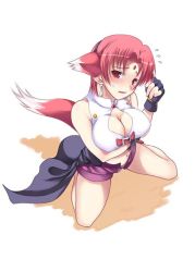 Rule 34 | 00s, 1girl, animal ears, arf, breast hold, breasts, cleavage, fox ears, kneeling, large breasts, lyrical nanoha, mahou shoujo lyrical nanoha, mahou shoujo lyrical nanoha a&#039;s, red hair, soba (saz), solo, tail