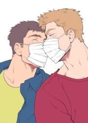 Rule 34 | 2boys, blonde hair, blush, brown hair, chabashira tatsukichi, close-up, collared jacket, couple, covered mouth, closed eyes, half-closed eyes, jacket, looking at another, male focus, mask, mature male, multiple boys, original, shirt, short hair, simple background, spiked hair, t-shirt, upper body, white background, yaoi