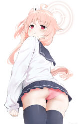 Rule 34 | 1girl, absurdres, ahoge, ass, ass focus, blue archive, halo, highres, long hair, looking back, nadayui, natsu (blue archive), panties, pink eyes, pink panties, pleated skirt, ponytail, sailor collar, school uniform, simple background, skirt, sleeves past wrists, solo, thighhighs, triangle mouth, underwear, upskirt, zettai ryouiki