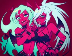 Rule 34 | aqua hair, bat wings, bondage outfit, breasts, choker, colored skin, curly hair, demon girl, demon horns, demon tail, glasses, green eyes, green hair, green nails, hatake (hatanosuke), horns, kneesocks (psg), long hair, medium breasts, nail polish, navel, open mouth, panty &amp; stocking with garterbelt, pointy ears, ponytail, red background, red skin, scanty (psg), sharp teeth, siblings, simple background, single horn, sisters, small breasts, smile, spiked choker, spikes, tail, teeth, tongue, tongue out, wings