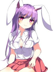 Rule 34 | 1girl, animal ears, bad id, bad twitter id, blush, breasts, cleavage, closed mouth, collared shirt, cowboy shot, highres, karasusou nano, long hair, looking at viewer, medium breasts, partially unbuttoned, pink eyes, pleated skirt, purple hair, rabbit ears, red skirt, reisen udongein inaba, shirt, short sleeves, sidelocks, simple background, skirt, smile, solo, touhou, white background, white shirt