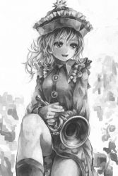 Rule 34 | 1girl, :d, bad id, bad pixiv id, boots, dress, facing viewer, frilled dress, frills, greyscale, hat, hat ornament, holding, instrument, leg up, long sleeves, looking away, merlin prismriver, monochrome, nagayo, open mouth, sitting, smile, solo, touhou, trumpet, upper body, vest, wavy hair