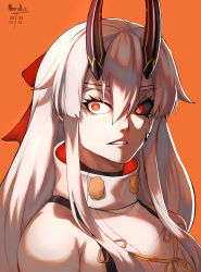 Rule 34 | 1girl, absurdres, angry, artist name, black horns, bow, commentary, english commentary, fate/grand order, fate (series), hair between eyes, hair bow, headband, highres, horns, moowalk, oni horns, orange background, red bow, red eyes, solo, tomoe gozen (fate), upper body, white hair, white headband