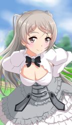 Rule 34 | 1girl, ai style, armpit cutout, breasts, brown eyes, cleavage cutout, clothing cutout, conte di cavour (kancolle), corset, dress, frilled dress, frills, grey dress, grey hair, highres, juliet sleeves, kantai collection, large breasts, layered dress, long hair, long sleeves, puffy sleeves, smile, solo, two side up, white dress
