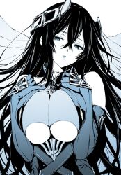 1girl bare_shoulders black_hair blue_background blue_theme breasts brooch cleavage clothing_cutout counter:side crossed_bangs elbow_gloves gloves gradient_background hair_spread_out half-closed_eyes halterneck hands_on_own_chest head_tilt headgear highres jewelry large_breasts long_hair looking_at_viewer mixed-language_commentary moka_(mochafree) monochrome parted_lips plaga_(counter:side) solo underboob_cutout underbust veil very_long_hair white_background