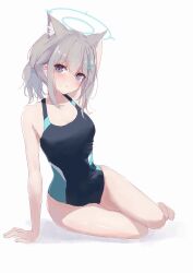 Rule 34 | 1girl, absurdres, animal ear fluff, animal ears, arm behind head, arm support, arm up, blue archive, blush, commentary, competition swimsuit, extra ears, grey hair, halo, head tilt, highres, looking at viewer, mismatched pupils, multicolored clothes, multicolored swimsuit, nujii, official alternate costume, one-piece swimsuit, ponytail, shiroko (blue archive), shiroko (swimsuit) (blue archive), simple background, sitting, solo, swimsuit, white background, wolf ears, yokozuwari