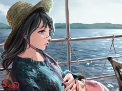 Rule 34 | 1girl, artist name, bag, black hair, boat, chair, commentary, dated, day, hat, highres, hill, lips, long hair, open mouth, original, profile, purple eyes, railing, rope, shamakho, sitting, sky, solo, straw hat, upper body, water, watercraft, wind