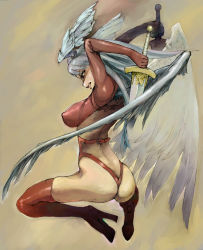 Rule 34 | 1girl, angel wings, ass, bodysuit, boots, breasts, butt crack, dual wielding, covered erect nipples, female focus, final fantasy, final fantasy tactics, head wings, holding, large breasts, leotard, looking down, red leotard, solo, sword, thigh boots, thighhighs, ultima (fft), weapon, wings