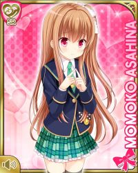 Rule 34 | 1girl, asahina momoko, badge, black thighhighs, blazer, blue jacket, bow, brown hair, button badge, card (medium), character name, closed mouth, girlfriend (kari), hair bow, hair ribbon, jacket, necktie, official art, one side up, own hands together, pink background, plaid, plaid skirt, polka dot, polka dot bow, qp:flapper, red eyes, ribbon, school uniform, shy, side ponytail, skirt, solo, thighhighs