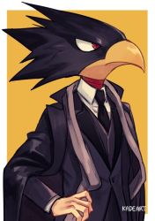 Rule 34 | 1boy, animal head, bird boy, black feathers, black necktie, black suit, boku no hero academia, border, choker, collared cape, feathers, formal, kadeart, male focus, necktie, outside border, red eyes, red necktie, serious, shirt, simple background, solo, suit, tokoyami fumikage, twitter username, two-tone background, upper body, white border, white shirt, wing collar, yellow background