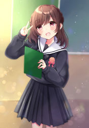 Rule 34 | 1girl, :d, ahoge, bad id, bad pixiv id, black serafuku, black shirt, black skirt, blurry, blurry background, blush, bow, braid, brown hair, commentary request, depth of field, fang, fingernails, flower, hair between eyes, hand up, head tilt, highres, holding, indoors, long hair, looking at viewer, minami saki, open mouth, original, pink bow, pink flower, pink rose, pleated skirt, red eyes, rose, sailor collar, school uniform, serafuku, shirt, skirt, sleeves past wrists, smile, solo, standing, v, white sailor collar