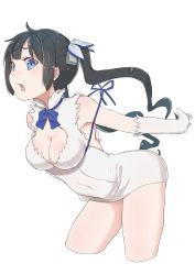 Rule 34 | 10s, 1girl, :o, absurdres, arm ribbon, bare shoulders, bent over, black hair, blue eyes, bow, breasts, cleavage, cleavage cutout, clothing cutout, covered navel, cropped legs, dress, dungeon ni deai wo motomeru no wa machigatteiru darou ka, female focus, gloves, hair ornament, hair ribbon, hestia (danmachi), highres, large breasts, long hair, mayuri kaichou, open mouth, outstretched arm, rei no himo, ribbon, short dress, simple background, sleeveless, sleeveless dress, solo, twintails, white background, white dress, white gloves