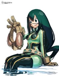Rule 34 | 1girl, :&gt;, asui tsuyu, bodysuit, boku no hero academia, breasts, brown gloves, frog girl, gloves, goggles, green bodysuit, green eyes, green hair, hair rings, holding, holding goggles, long hair, looking at object, low-tied long hair, medium breasts, ohhhhhhtsu, simple background, sitting, soaking feet, solo, twitter username, wet, white background