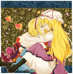 Rule 34 | 2girls, alice margatroid, black footwear, blonde hair, blue dress, blue eyes, blush, boots, breasts, brown footwear, capelet, couple, dress, closed eyes, faech, forehead-to-forehead, from side, full body, hat, hat ribbon, headband, heads together, heart, hug, kneeling, laughing, long hair, long legs, long sleeves, looking at another, mob cap, multiple girls, outline, patterned background, petals, profile, ribbon, short hair, sitting, smile, tabard, teeth, tongue, touhou, white dress, yakumo yukari, yuri
