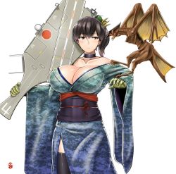 Rule 34 | 1girl, alternate costume, ammunition, autocannon, bare shoulders, blue kimono, breasts, brown eyes, brown hair, camouflage, cannon, cartridge, choker, cleavage, close-in weapon system, collarbone, commentary request, cowboy shot, crossover, daiei film, electronic firearm, emaciated, explosive, flight deck, gamera: guardian of the universe, gamera (series), gatling gun, gloves, green gloves, grenade, gyaos, hagoita, hair ornament, hand grenade, highres, huge breasts, japanese clothes, kadokawa, kaga (jmsdf), kaga (kancolle), kaijuu, kantai collection, kimono, kotoyoro, long sleeves, looking at viewer, multiple-barrel firearm, muscular, new year, no bra, obi, off shoulder, paddle, phalanx ciws, radome, red eyes, ribs, rotary cannon, saizu nitou gunsou, sash, sentry gun, side ponytail, simple background, solo, standing, super gyaos, thighhighs, translation request, twitter username, underbust, veins, veiny wings, white background, wide sleeves