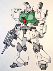 Rule 34 | arms at sides, beam rifle, blue eyes, clenched hand, commentary request, eclogue.566, energy gun, finger on trigger, full body, galbaldy beta, gun, gundam, holding, holding gun, holding weapon, legs apart, mecha, mobile suit, moon gundam, no humans, one-eyed, radio antenna, robot, science fiction, simple background, solo, standing, traditional media, weapon, white background