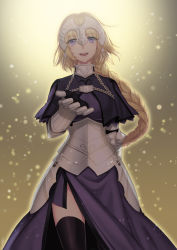 Rule 34 | 1girl, armor, armored dress, black thighhighs, blonde hair, braid, briska, capelet, fate/apocrypha, fate (series), faulds, gauntlets, headgear, jeanne d&#039;arc (fate), jeanne d&#039;arc (ruler) (fate), long hair, long skirt, outstretched hand, purple eyes, side slit, single braid, skirt, smile, solo, thighhighs
