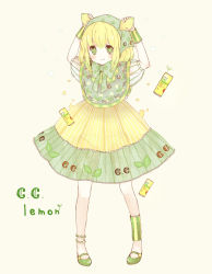 Rule 34 | &gt;:), 1girl, ankle cuffs, ankle wrap, anklet, arms up, beige background, blonde hair, blush, body blush, c.c. lemon, c.c. lemon (character), can, dot nose, dress, drink, eyelashes, food, frills, fruit, full body, gradient hair, green eyes, green footwear, green hair, green ribbon, head scarf, heart, holding, holding food, holding fruit, jewelry, lemon, looking at viewer, mary janes, multicolored hair, navel, neck ribbon, panties, plant, polka dot, polka dot ribbon, puffy short sleeves, puffy sleeves, ribbon, see-through, shoes, short hair, short sleeves, simple background, smile, solo, standing, striped clothes, striped dress, striped panties, tareme, tenhana39, two-tone hair, underwear, v-shaped eyebrows, vertical-striped clothes, vertical-striped dress, wristband