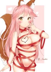 Rule 34 | 1girl, absurdres, animal ear fluff, animal ears, blush, breasts, candy, chocolate, chocolate heart, chocolate on body, chocolate on breasts, choker, cleavage, collarbone, fate/extra, fate/grand order, fate (series), food, food on body, fox ears, fox girl, fox tail, gouka, heart, highres, large breasts, long hair, looking at viewer, naked ribbon, navel, nude, pink hair, ribbon, ribbon choker, solo, tail, tamamo (fate), tamamo no mae (fate/extra), twitter username, very long hair, yellow eyes