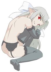 Rule 34 | 00s, 1girl, absurdres, back, battle moon wars, bow, breasts, elbow gloves, feet, female focus, flat chest, full body, game, garter belt, gloves, grey hair, hair ribbon, highres, hugging own legs, len (tsukihime), long hair, melty blood, nude, red eyes, ribbon, smile, solo, thighhighs, topless, transparent background, tsukihime, type-moon, vector trace, white len (tsukihime)