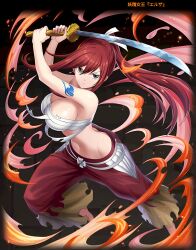Rule 34 | 1girl, ass, breasts, butt crack, cleavage, earrings, erza scarlet, fairy tail, highres, jewelry, large breasts, long hair, midriff, navel, official art, ponytail, red hair, sangoku taisen smash!, sarashi, sword, weapon