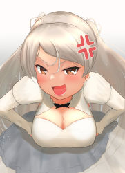 Rule 34 | 1girl, anger vein, arugou, breasts, brown eyes, cleavage, commentary request, conte di cavour (kancolle), cowboy shot, dress, highres, kantai collection, large breasts, layered dress, leaning forward, looking at viewer, open mouth, silver hair, solo, teeth, two side up, white dress