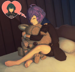 Rule 34 | 1boy, 1girl, barefoot, bed, bernadetta von varley, blue eyes, byleth (fire emblem), byleth (male) (fire emblem), closed eyes, commentary request, feet, fire emblem, fire emblem: three houses, garreg mach monastery uniform, green hair, hood, hood down, legs, messy hair, mixed-language commentary, nintendo, hugging object, pillow, purple hair, rimviolet, short hair, shorts, shorts under skirt, sitting, smile, soles, solo focus, stuffed animal, stuffed toy, teddy bear, thought bubble, toes