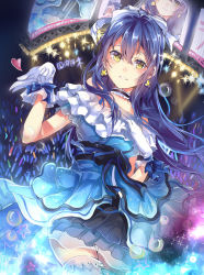 Rule 34 | 1girl, blue dress, blue hair, bow, bubble, character name, choker, cowboy shot, dress, earrings, gloves, hair between eyes, hair bow, hair ornament, heart, highres, jewelry, kira-kira sensation!, long hair, looking at viewer, love live!, love live! school idol project, open mouth, screen, smile, solo, sonoda umi, star (symbol), takitou, thighhighs, white gloves, white thighhighs, yellow eyes