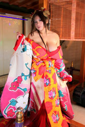 Rule 34 | breasts, chouzuki maryou, cosplay, dress, hair ornament, japanese clothes, kimono, large breasts, photo (medium), plump, print dress, shiranui mai, shiranui mai (cosplay), snk, the king of fighters