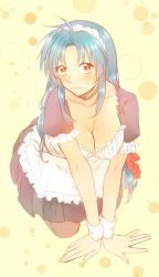 Rule 34 | 1girl, ahoge, all fours, alternate costume, apron, black pantyhose, blue hair, blush, bow, breasts, chidori kaname, cleavage, collarbone, enmaided, full metal panic!, hair bow, long hair, looking at viewer, maid, maid apron, maid headdress, medium breasts, orange background, pantyhose, parted bangs, red eyes, shiki (the-sleeping-snow-white), solo, sweatdrop, wrist cuffs