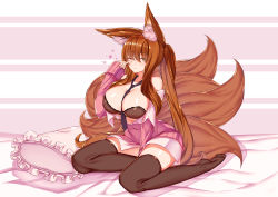 Rule 34 | 1girl, animal ear fluff, animal ears, bad id, bad pixiv id, bed sheet, black thighhighs, blush, bra, breasts, brown hair, cardigan, cleavage, commission, esg (essagna), fluffy, fox ears, fox girl, fox tail, full body, green eyes, large breasts, large tail, long hair, looking at viewer, multiple tails, necktie, one eye closed, open clothes, original, pillow, pink cardigan, plushmallow, sitting, sleepy, solo, tail, thighhighs, twintails, underwear